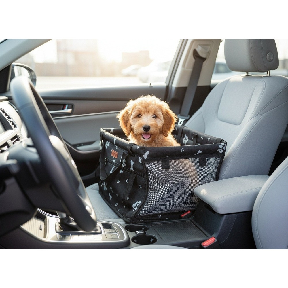 Swihelp Small Dog Car Booster Seat  Black Paw Print Bone Pattern